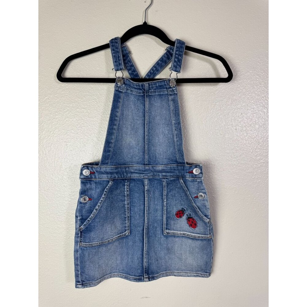 H&M Denim Overall Dress Ladybug Embroidered Kids Size 10 Novelty Blue Red